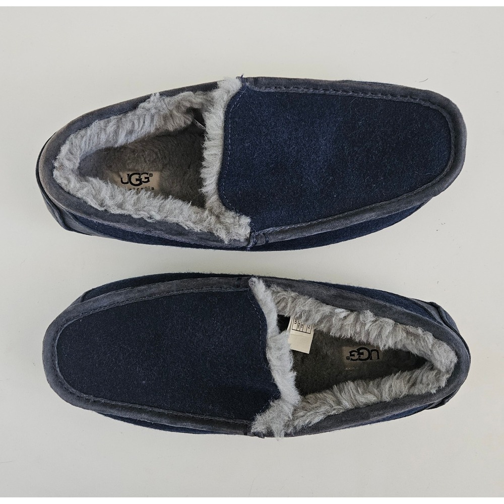 UGG Ascot Wool Slippers Mens 10 Dark Blue Fur Lined Slip On Moccasin Loafers